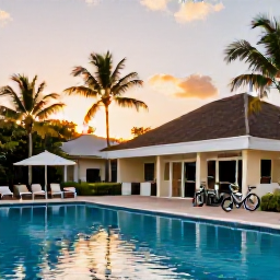Caribbean Holidays, Jamaica Cycling Holidays, Comfortable Jamaican hotel with swimming pool, palm trees and bicycles resting near the entrance at sunset