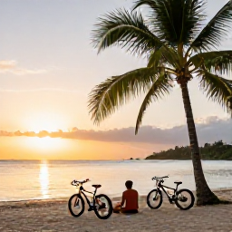 Caribbean Holidays, Jamaica Cycling Holidays, Cycling holiday couple resting beside a Jamaican beach at sunset, with bicycles, palm trees and calm Caribbean water