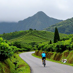 Caribbean Holidays, Jamaica Cycling Holidays, Cyclist climbing a quiet mountain road through Jamaica&rsquo;s Blue Mountains, with coffee plantations and misty peaks