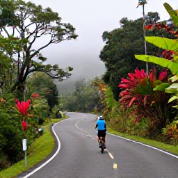 Caribbean Holidays, Jamaica Cycling Holidays, Cyclist climbing a quiet winding road through Jamaica&rsquo;s Blue Mountains, surrounded by misty forest and vibrant tropical plants