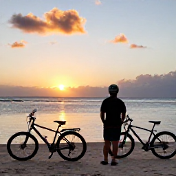 Caribbean Holidays, Jamaica Cycling Holidays, Cyclist relaxing beside a Jamaican beach at sunset after a day of touring, with bicycles nearby and calm sea