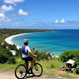 Caribbean Holidays, Jamaica Cycling Holidays, Cyclist resting at a scenic Jamaican viewpoint overlooking turquoise water and a tropical coastline