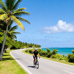 Caribbean Holidays, Jamaica Cycling Holidays, Cyclist riding along a quiet coastal road in Jamaica in April, tropical greenery and blue sea nearby