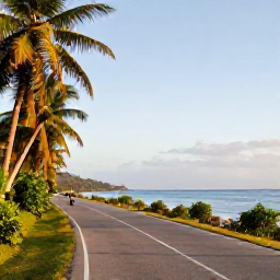 Caribbean Holidays, Jamaica Cycling Holidays, Cyclist riding along a quiet coastal road in Jamaica in August, with tropical greenery, blue sea and warm morning light