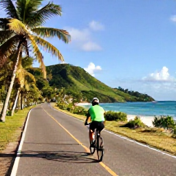 Caribbean Holidays, Jamaica Cycling Holidays, Cyclist riding along a quiet coastal road in Jamaica in warm February sunshine, with palm trees, blue sea and green hills