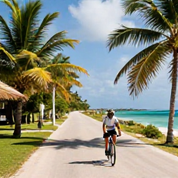 Caribbean Holidays, Jamaica Cycling Holidays, Cyclist riding along a quiet coastal road in Jamaica in warm January sunshine, with palm trees and turquoise sea