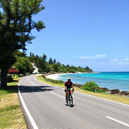 Caribbean Holidays, Jamaica Cycling Holidays, Cyclist riding along a scenic Jamaican coastal road in warm July sunshine, with turquoise sea and tropical greenery