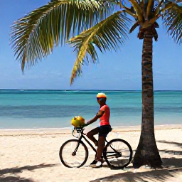 Caribbean Holidays, Jamaica Cycling Holidays, Cyclist stopping beneath palm trees beside a Jamaican beach, with a bicycle, fresh fruit and turquoise water