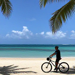 Caribbean Holidays, Jamaica Cycling Holidays, Cyclist stopping beside a beautiful Jamaican beach, bicycle in foreground, palms and clear Caribbean water