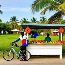 Caribbean Holidays, Jamaica Cycling Holidays, Cyclist taking a break beside a Jamaican roadside fruit stall, friendly local vendor, tropical landscape and colourful produce