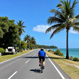 Caribbean Holidays, Jamaica Cycling Holidays, Cyclist travelling along a scenic Jamaican coastal road beside turquoise sea and palm trees