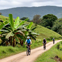 Caribbean Holidays, Jamaica Cycling Holidays, Cyclists climbing through lush Jamaican hills with banana plants, forest and distant mountain views