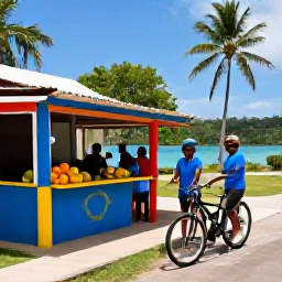 Caribbean Holidays, Jamaica Cycling Holidays, Friendly Jamaican villagers greeting touring cyclists beside a colourful roadside stall, with tropical fruit and island scenery