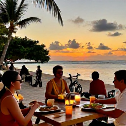 Caribbean Holidays, Jamaica Cycling Holidays, Relaxed Jamaican evening at a beachfront restaurant, with cyclists enjoying local food and a sunset over the sea