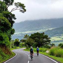 Caribbean Holidays, Jamaica Cycling Holidays, Road cyclist climbing a lush Jamaican mountain route near Blue Mountains, misty forest and distant valley views