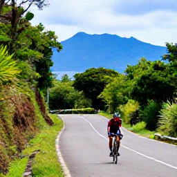 Caribbean Holidays, Jamaica Cycling Holidays, Road cyclist climbing a scenic Jamaican hillside road with lush tropical vegetation and distant blue mountains