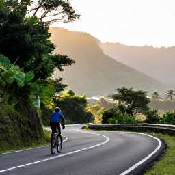 Caribbean Holidays, Jamaica Cycling Holidays, Road cyclist climbing a scenic Jamaican hillside road with lush vegetation, distant mountains and warm morning light