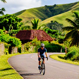 Caribbean Holidays, Jamaica Cycling Holidays, Road cyclist riding through lush Jamaican countryside in warm November sunshine, with green hills and tropical vegetation