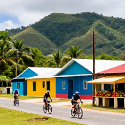 Caribbean Holidays, Jamaica Cycling Holidays, Road cyclists passing colourful Jamaican villages and roadside fruit stalls, backed by lush tropical hills