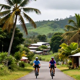Caribbean Holidays, Jamaica Cycling Holidays, Road cyclists passing through lush Jamaican countryside, with palms, hills and a small village in the background