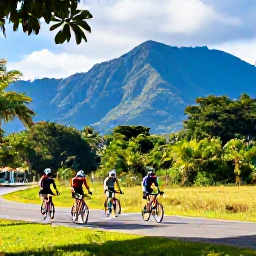 Caribbean Holidays, Jamaica Cycling Holidays, Road cyclists riding through lush Jamaican countryside in warm September sunshine, with distant blue mountains and tropical greenery