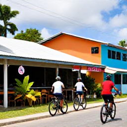 Caribbean Holidays, Jamaica Cycling Holidays, Small group of cyclists stopping at a Jamaican roadside caf&eacute; beside tropical plants and colourful local buildings