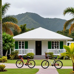 Caribbean Holidays, Jamaica Cycling June, Comfortable Jamaican guesthouse with bicycles outside, tropical garden and mountains in the background