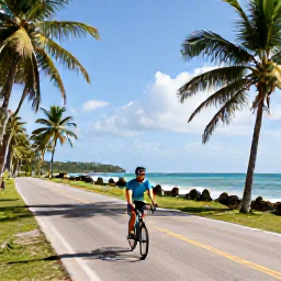 Caribbean Holidays, Jamaica Cycling June, Cyclist riding along a quiet Jamaican coastal road in warm June sunshine, with palm trees and blue sea
