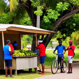 Caribbean Holidays, Jamaica Cycling June, Cyclist stopping beside a Jamaican roadside fruit stand, chatting with locals beneath tropical trees