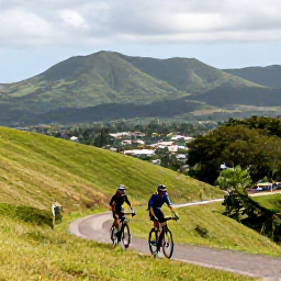 Caribbean Holidays, Jamaica Cycling June, Road cyclist climbing a green hillside in Jamaica, with distant mountains and a small village below