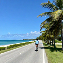 Caribbean Holidays, Jamaica Cycling March, Cyclist following a quiet coastal road beside turquoise Caribbean sea and palm trees in Jamaica