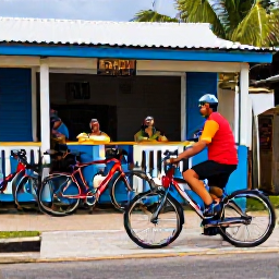 Caribbean Holidays, Jamaica Cycling March, Cyclist stopping at a Jamaican roadside caf&eacute;, enjoying local food while bikes rest nearby