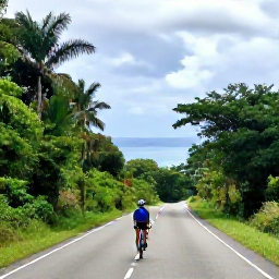 Caribbean Holidays, Jamaica Cycling March, Experienced cyclist climbing a green mountain road in Jamaica, tropical forest and distant coastline visible in the background