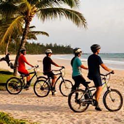 Caribbean Holidays, Jamaica Cycling March, Happy cyclists relaxing at a Jamaican beach after a ride, bicycles parked nearby and golden evening light