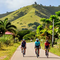 Caribbean Holidays, Jamaica Cycling March, Road cyclists riding through lush Jamaican countryside in warm March sunshine, with green hills and tropical vegetation
