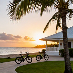Caribbean Holidays, Jamaica Cycling May, Comfortable Jamaican hotel near the coast at sunset, with bicycles resting outside and palm trees in the foreground