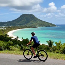 Caribbean Holidays, Jamaica Cycling May, Cyclist looking out over Jamaica's turquoise sea and green hills from a scenic viewpoint