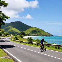 Caribbean Holidays, Jamaica Cycling May, Cyclist riding along a scenic Jamaican coastal road in warm May sunshine, with lush green hills and the Caribbean Sea nearby