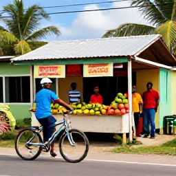 Caribbean Holidays, Jamaica Cycling May, Cyclist visiting a Jamaican roadside fruit stall near a village, with friendly locals, tropical fruit and a bicycle in the foreground