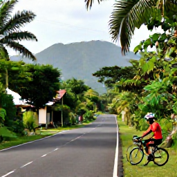Caribbean Holidays, Jamaica Cycling May, Road cyclist pausing beside a quiet Jamaican country lane surrounded by tropical vegetation and distant mountains