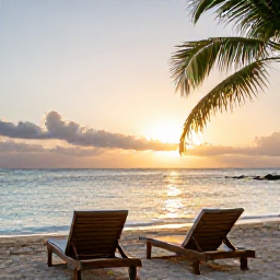 Caribbean Holidays, Jamaica December, A relaxed Jamaican beach at sunset with two empty loungers, calm turquoise water and palm trees