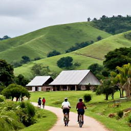 Caribbean Holidays, Jamaica December Adventures, Jamaican countryside adventure with cyclists and hikers travelling through green hills near a traditional village