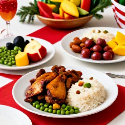 Caribbean Holidays, Jamaica December Breaks, Jamaican Christmas dinner with jerk chicken, rice and peas, tropical fruit and festive table decorations