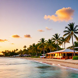 Caribbean Holidays, Jamaica December Breaks, Montego Bay waterfront at sunset with a sandy beach, palm trees, restaurants and warm Caribbean light