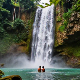 Caribbean Holidays, Jamaica December, Couple swimming beneath the cascades at Dunn's River Falls in Jamaica, surrounded by lush tropical forest