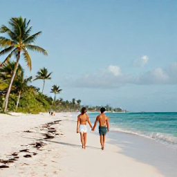 Caribbean Holidays, Jamaica December, Couple walking hand in hand along Seven Mile Beach in Negril, Jamaica, during a bright December morning