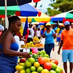 Caribbean Holidays, Jamaica December Holidays, A colourful Jamaican street market with local crafts, tropical fruit and friendly shoppers beneath bright Caribbean sunshine