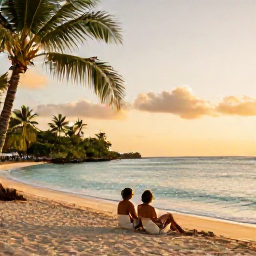 Caribbean Holidays, Jamaica December Holidays, A couple relaxing on a Jamaican beach at sunset, with calm turquoise water, soft golden light and palm trees