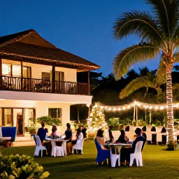 Caribbean Holidays, Jamaica December Holidays, A festive Jamaican resort decorated for Christmas, with warm lights, a tropical garden and guests enjoying an evening celebration
