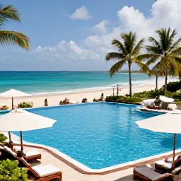 Caribbean Holidays, Jamaica December Holidays, An inviting Jamaican all-inclusive resort pool overlooking a tropical beach, with sun loungers and guests enjoying December sunshine